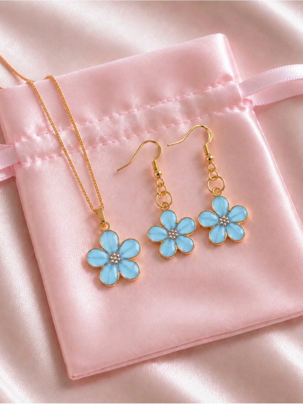 Gold-Tone Blue Flower Pendant Necklace and Earring Set